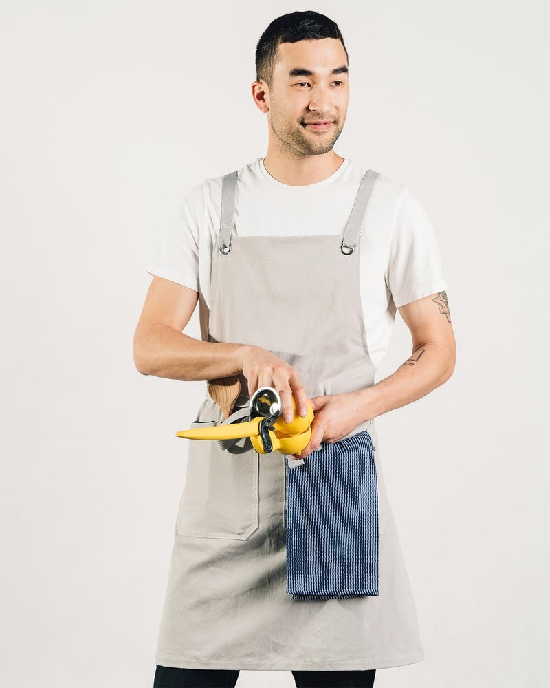 Caldo Crossback Kitchen Apron for Cooking- Mens and Womens Professional Chef or Server Bib Apron - Adjustable Crossback Style - Rustic- Midweight Cotton (Grey) - Image 4